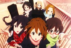  akiyama_mio black_eyes black_hair blonde_hair blue_eyes brown_eyes brown_hair eyebrows hair_ornament hairband hairclip highres hirasawa_yui k-on! kotobuki_tsumugi long_hair manabe_nodoka multiple_girls nakano_azusa official_art open_mouth smile tainaka_ritsu twintails 