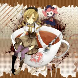  bad_id bad_pixiv_id blonde_hair building charlotte_(madoka_magica) cup drill_hair female gun hair_ornament hat long_hair magical_girl magical_musket mahou_shoujo_madoka_magica mahou_shoujo_madoka_magica_(anime) mini_person minigirl miyabi_hatsuru ribbon ringlets sitting skirt smile solo striped tea teacup thighhighs tomoe_mami tomoe_mami_(magical_girl) twin_drills twintails vertical_stripes weapon yellow_eyes 