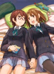  2girls bed brown_eyes brown_hair commentary_request fukutarou_(enji127) glasses hirasawa_yui holding_hands interlocked_fingers k-on! lying manabe_nodoka multiple_girls pantyhose red-framed_eyewear sakuragaoka_high_school_uniform school_uniform semi-rimless_eyewear short_hair under-rim_eyewear 