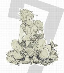  1boy baby_bottle bird bottle chick chocobo cloud_strife commentary_request dissidia_final_fantasy feeding final_fantasy final_fantasy_vii gloves j_(onose1213) monochrome nest 