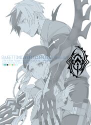  1boy bad_id bad_pixiv_id beret character_name copyright_name elle_mel_martha facial_mark female gauntlets hat height_difference long_hair ludger_will_kresnik monochrome multicolored_hair photoshop_(medium) sou_(boxxx82) tales_of_(series) tales_of_xillia tales_of_xillia_2 tattoo transformation two-tone_hair white_background 