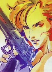  artbook desert_eagle female fingerless_gloves gloves gun handgun highres meryl_silverburgh metal_gear_(series) metal_gear_solid official_art photoshop_(medium) red_hair scan scan_artifacts shinkawa_youji solo trigger_discipline weapon 