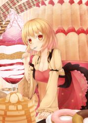  aki_minoriko all_fours bad_id bad_pixiv_id blonde_hair blush breasts cake checkerboard_cookie cleavage colored_eyelashes cookie doughnut eating female food fork fruit ice_cream long_sleeves medium_breasts no_headwear oversized_object pancake photoshop_(medium) red_eyes short_hair smile solo strawberry sundae sweets touhou utensil_in_mouth wide_sleeves yosshii_(ropichan2) 