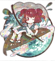  ;) bad_id bad_pixiv_id blush boat chibi circle female full_body hair_bobbles hair_ornament hitodama holding holding_scythe itomugi-kun looking_at_viewer lying one_eye_closed onozuka_komachi red_eyes red_hair round_image sandals scythe short_hair skirt smile socks solo tabi touhou two_side_up water watercraft white_socks zouri 