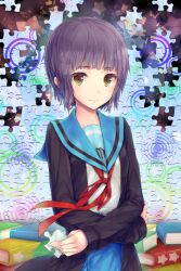  3: black_hair blue_sailor_collar blue_skirt book brown_cardigan brown_eyes cardigan commentary_request female green_eyes holding hourainingyou jigsaw_puzzle kita_high_school_uniform looking_at_viewer nagato_yuki open_cardigan open_clothes photoshop_(medium) purple_hair puzzle puzzle_piece ribbon sailor_collar school_uniform serafuku short_hair skirt smile solo suzumiya_haruhi_no_yuuutsu winter_uniform 