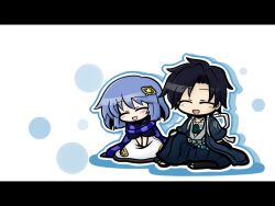  1boy ^_^ black_hair blue_hair blush closed_eyes commentary_request female hair_ornament hairclip hakama hakama_skirt headset japanese_clothes necktie open_mouth pixiv_azriel pouch saginomiya_sae sandals scarf short_hair skirt smile yanagi_(nurikoboshi) 