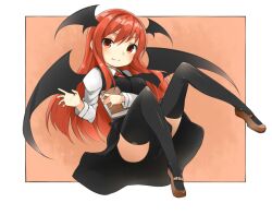  bad_id bad_pixiv_id bat_wings black_thighhighs blush book demon_wings female head_wings koakuma long_hair looking_at_viewer mary_janes muttan_(ashiru-f) necktie red_eyes red_hair shoes smile solo thighhighs touhou wings 