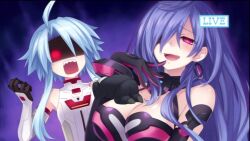  2girls anger angry big_breasts blanc blue_hair breasts choujigen_game_neptune cleavage compile_heart fear idea_factory iris_heart laughing multiple_girls neptune_(series) plugsuit purple_hair pururut red_eyes scared symbol-shaped_pupils white_heart 