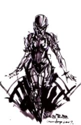  bodysuit commentary_request female frogs_(metal_gear) gumdrop helmet metal_gear_(series) metal_gear_solid metal_gear_solid_4:_guns_of_the_patriots monochrome parody shinkawa_youji_(style) solo style_parody 