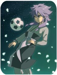  1boy amemiya_taiyou amemiya_taiyou_(mixi_max_zhuge_kongming) bad_id bad_pixiv_id ball blue_eyes fusion hinoma_(hinomasan) inazuma_eleven_(series) inazuma_eleven_go japanese_clothes long_hair male_focus purple_hair smile soccer_ball telstar 