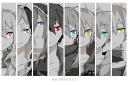  4boys 4girls amamiya_hibiya aqua_eyes blue_eyes close-up clothes_writing column_lineup commentary_request creator_connection ene_(kagerou_project) eye_focus green_eyes grey_eyes headphone_actor_(vocaloid) hood hoodie jinzou_enemy_(vocaloid) kagerou_days_(vocaloid) kagerou_project kano_shuuya kido_tsubomi kisaragi_momo kisaragi_shintarou konoha_(kagerou_project) konoha_no_sekai_jijou_(vocaloid) kozakura_marry long_hair mekakushi_code_(vocaloid) mico_(mikomizu) multiple_boys multiple_girls orange_eyes portrait purple_eyes red_eyes short_hair souzou_forest_(vocaloid) split_crop spot_color vocaloid 