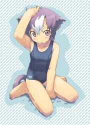  :o animal_ears arm_up barefoot blush cat_ears cat_tail collarbone female hand_on_own_head kanzaki_hiro multicolored_hair non-web_source one-piece_swimsuit original purple_eyes purple_hair school_swimsuit short_hair sitting solo swimsuit tail two-tone_hair wariza wet white_hair 