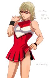  1boy @@@ bad_id bad_pixiv_id bare_shoulders barnaby_brooks_jr. blonde_hair cheerleader crossdressing dress glasses green_eyes male_focus muscular red_dress simple_background skirt_hold smile solo tiger_&amp;_bunny white_background wristband 