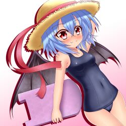  bat_wings blue_hair bluemoonex blush commentary_request covered_navel female hat highres kickboard oerba_yun_fang one-piece_swimsuit red_eyes remilia_scarlet school_swimsuit short_hair smile solo swimsuit touhou wings 