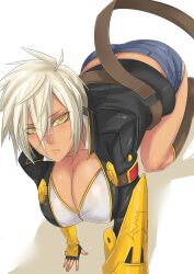  all_fours belt blazblue blazblue:_chronophantasma breasts bullet_(blazblue) cleavage commentary_request dark-skinned_female dark_skin denim denim_shorts exaxuxer female fingerless_gloves gloves highres large_breasts looking_at_viewer scar short_hair shorts white_hair yellow_eyes 