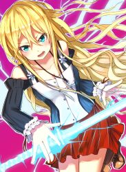  :o bad_id bad_pixiv_id bare_shoulders blonde_hair blue_eyes blush boots collarbone cross cross_necklace female glowing glowing_weapon jewelry long_hair necklace nosuku original outline pink_background simple_background skirt solo sparks sword v-shaped_eyebrows weapon 