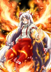  blush female female fire fujiwara_no_mokou hair_ribbon hair_ribbons jean-louis_(yuasa_rengou) pants ribbon touhou 