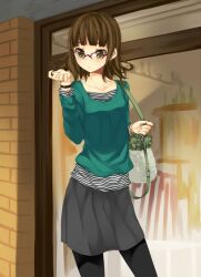  bag brown_hair collarbone commentary_request fashion female glasses green_eyes handbag long_sleeves original pantyhose short_hair solo standing unasaka_ryou watch wristwatch 