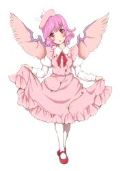  animal_ears blush brooch commentary_request female full_body hat highres jewelry kotarou_(yukina1721) lolita_fashion mary_janes mystia_lorelei no_nose pantyhose parted_lips pink_eyes pink_hair shoes short_hair simple_background skirt skirt_hold skirt_set solo sweet_lolita touhou white_background white_pantyhose 