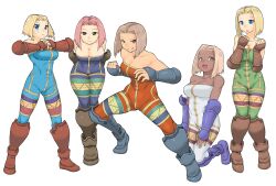  5girls alternate_color arms_behind_back bandages bare_shoulders bent_over blonde_hair blue_eyes blush boots breasts breasts_squeezed_together brown_eyes brown_hair bursting_breasts cleavage commentary_request dark-skinned_female dark_skin fighting_stance final_fantasy final_fantasy_tactics frown gauntlets gloves grin groin kneeling large_breasts leaning_forward monk_(fft) multiple_girls multiple_persona nervous open_mouth pigeon-toed pink_hair purple_eyes short_hair simple_background skin_tight smile standing sweatdrop tsukudani_(coke-buta) unitard white_background wide_hips yellow_eyes 