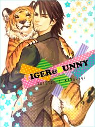  1boy brown_eyes brown_hair character_name commentary_request copyright_name facial_hair j_(onose1213) kaburagi_t._kotetsu male_focus one_eye_closed solo stubble tiger tiger_&amp;_bunny vest waistcoat 