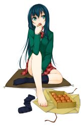  :o aqua_eyes baozi barefoot blazer blue_hair box commentary_request eating feet female food jacket kneehighs nail_polish original plaid plaid_skirt school_uniform single_kneehigh single_sock sitting skirt socks solo toenail_polish toenails toes unasaka_ryou 