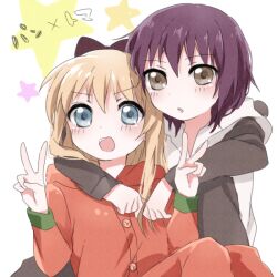  2girls :d animal_costume blonde_hair blue_eyes bow brown_eyes commentary_request double_v funami_yui hairbow long_hair multiple_girls open_mouth pajamas panda_costume prussian_blue short_hair smile tomato_costume toshinou_kyouko v yuru_yuri 