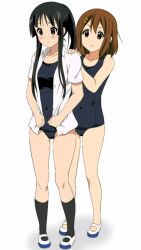  2girls akiyama_mio alternate_hairstyle black_eyes black_hair blush brown_eyes brown_hair dress_shirt hirasawa_yui k-on! long_hair multiple_girls one-piece_swimsuit school_swimsuit shirt short_hair shy simple_background skirt smile swimsuit swimsuit_under_clothes 