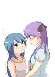  2girls ahoge beni_shouga blue_eyes blue_hair blush commentary_request green_eyes hair_ribbon height_difference hiiragi_kagami izumi_konata long_hair lucky_star mole mole_under_eye multiple_girls purple_hair ribbon yuri 