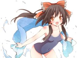  bad_id bad_pixiv_id bare_shoulders black_legwear blue_one-piece_swimsuit bow brown_eyes colorized commentary_request competition_school_swimsuit daidai_ookami female hair_tubes hairbow hakurei_reimu highres kani_biimu leaning_forward long_hair looking_at_viewer one-piece_swimsuit open_mouth outstretched_arms red_bow school_swimsuit simple_background smile solo spread_arms swimsuit touhou towel water 