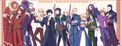  6+boys artoria_pendragon_(fate) baguette berserker_(fate/zero) bread command_spell commentary_request diarmuid_ua_duibhne_(lancer)_(fate) doughnut emiya_kiritsugu everyone fate/zero fate_(series) female food gilgamesh_(fate) gilles_de_rais_(caster)_(fate) highres iskandar_(fate) kayneth_el-melloi_archibald kotomine_kirei lancelot_(fate/zero) matou_kariya multiple_boys polearm saber_(fate) spear spoilers tohsaka_tokiomi uryuu_ryuunosuke waver_velvet weapon yukihime_(mofumofu2225) 