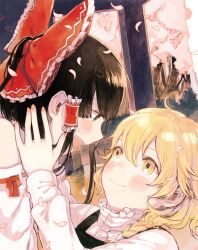  2girls bad_id bad_pixiv_id black_hair blonde_hair blush bow braid brown_eyes cherry_blossoms commentary_request detached_sleeves hair_tubes hairbow hakurei_reimu kirisame_marisa long_hair multiple_girls okari open_mouth petals single_braid smile touhou yellow_eyes 