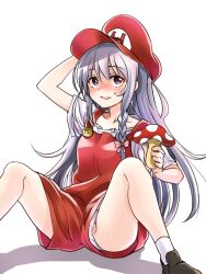  ahoge braid commentary_request cosplay crossover female grey_eyes grey_hair hoshi_syoko idolmaster idolmaster_cinderella_girls long_hair mario mario_(cosplay) mario_(series) mushroom panties pantyshot sakayama_shinta side_braid single_braid solo underwear upshorts 