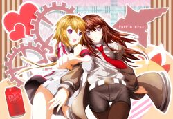  2girls :o blonde_hair blush charlotte_dunois commentary_request crossover dr_pepper infinite_stratos jacket long_hair makise_kurisu multiple_girls necktie open_mouth pantyhose pantyhose_under_shorts photoshop_(medium) purple_eyes red_necktie rinereeto shorts smile steins;gate 