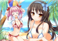  2girls arms_up bad_id bad_pixiv_id ball beach beachball bikini black_hair blue_eyes blush bow breasts brown_eyes cleavage closed_eyes commentary_request crossed_arms flower hair_flower hair_ornament hair_up hairband hairbow kurot large_breasts long_hair looking_at_viewer multiple_girls open_mouth original outdoors pink_hair sand smile swimsuit 