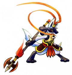  2012 ambiguous_gender belt canid canine canis crown gender_symbol generation_4_pokemon haychel headgear jackal leon_(lucario) lucario male_symbol mammal melee_weapon nintendo pokemon pokemon_(species) polearm red_eyes simple_background solo spear standing symbol waist-guard warrior weapon white_background 