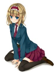  alice_margatroid alternate_costume aqua_eyes black_thighhighs blazer blonde_hair commentary_request female hairband jacket leaning_forward loafers long_sleeves necktie shoes short_hair sitting skirt smile solo thighhighs touhou unasaka_ryou wariza white_background 