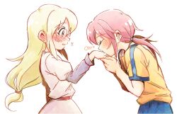  1boy bad_id bad_pixiv_id blonde_hair blue_eyes blush dress female glasses green_eyes gz_(gzxd) inazuma_eleven_(series) inazuma_eleven_go inazuma_eleven_go_chrono_stone jeanne_d&#039;arc_(inazuma_eleven) kirino_ranmaru kissing kissing_hand long_hair photoshop_(medium) pink_hair twintails 