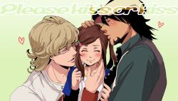  2boys barnaby_brooks_jr. blonde_hair blush bow brown_hair commentary_request facial_hair female glasses hair_ornament hairbow hairclip hitsuji_merry kaburagi_kaede kaburagi_t._kotetsu kissing kissing_cheek multiple_boys one_side_up side_ponytail stubble tiger_&amp;_bunny vest waistcoat 