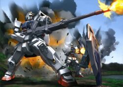  artist_request cannon explosion ground_gundam gun gundam gundam_08th_ms_team highres machine_gun mecha no_humans official_art robot shield war weapon 