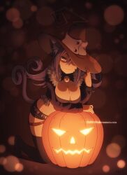  animal_ears black_shorts blair_(soul_eater) breasts cat_ears cleavage cleavage_cutout clothing_cutout commentary dav-19 english_commentary feline female hat jack-o&#039;-lantern kneeling large_breasts long_hair pumpkin purple_hair short_shorts shorts solo soul_eater tail witch_hat 