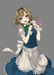  ahoge alice_margatroid alternate_costume apron blonde_hair blue_eyes commentary_request cosplay enmaided female hairband heart izayoi_sakuya izayoi_sakuya_(cosplay) lowres maid open_mouth puffy_sleeves short_hair short_sleeves simple_background solo touhou unasaka_ryou wrist_cuffs 