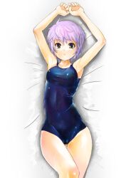  brown_eyes commentary_request female highres koruse light_purple_hair lying nagato_yuki one-piece_swimsuit purple_hair school_swimsuit short_hair solo suzumiya_haruhi_no_yuuutsu swimsuit 