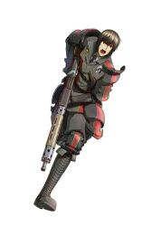  1boy armor assault_rifle boots brown_hair combat_boots faulds gun knee_pads kurt_irving male_focus military military_uniform official_art project_x_zone rifle running senjou_no_valkyria_(series) senjou_no_valkyria_3 shouting solo uniform weapon 