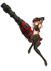  alisa_ilinichina_amiella armpits blue_eyes boots breasts cabbie_hat elbow_gloves female fingerless_gloves gatling_gun gloves god_eater god_eater_burst gun hat huge_weapon long_hair medium_breasts official_art pantyhose plaid plaid_skirt project_x_zone skirt suspender_skirt suspenders thigh_boots thighhighs underboob weapon white_hair 