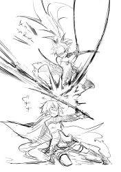  2girls battle cape commentary_request duel greyscale hanokage highres magical_girl mahou_shoujo_madoka_magica mahou_shoujo_madoka_magica_(anime) miki_sayaka miki_sayaka_(magical_girl) monochrome multiple_girls ponytail sakura_kyoko sakura_kyoko_(magical_girl) sword translated weapon 