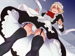  1boy @@@ alternate_costume apron bad_id bad_pixiv_id black_legwear blonde_hair blush crossdressing dress enmaided garter_straps ivan_karelin maid maid_headdress male_focus otoko_no_ko panties purple_eyes thighhighs tiger_&amp;_bunny underwear upskirt 