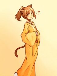  animal_ears anonymous_drawfag_(artist) artist_request bouhatei_tetora brown_eyes brown_hair cat_ears cat_tail check_artist female heart highres japanese_clothes joshiraku kemonomimi_mode kimono long_hair ponytail simple_background slippers solo spoken_heart tail yellow_kimono 