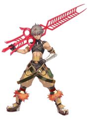  1boy armlet belt boots gloves grey_hair hand_on_own_hip huge_weapon male_focus midriff_sarashi multicolored_hair multiple_belts official_art over_shoulder project_x_zone purple_eyes sarashi shining_(series) shining_force_exa shorts solo streaked_hair sword sword_over_shoulder tan toma_(shining_force_exa) toned toned_male vambraces weapon weapon_over_shoulder 