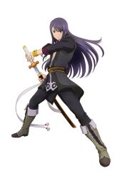  1boy boots bracelet grey_footwear jewelry knee_boots left-handed long_hair male_focus official_art project_x_zone purple_hair sheath solo sword tales_of_(series) tales_of_vesperia unsheathing weapon yuri_lowell 